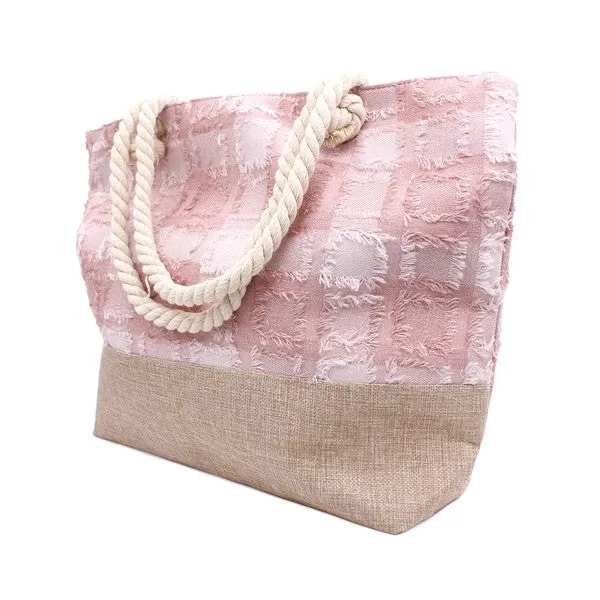 PLAID FRAYED TWEED BEACH TOTE BAG