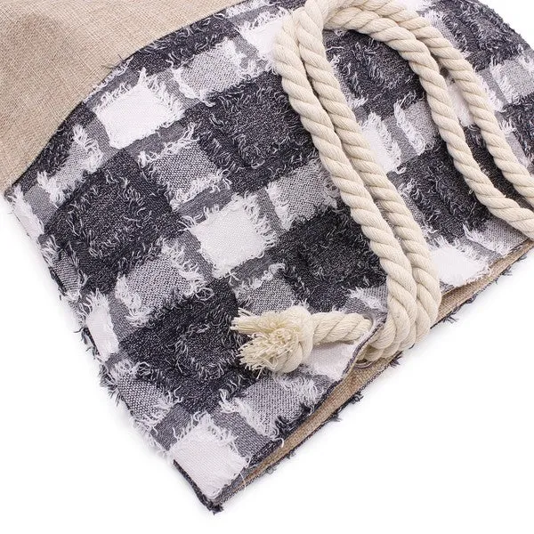 PLAID FRAYED TWEED BEACH TOTE BAG