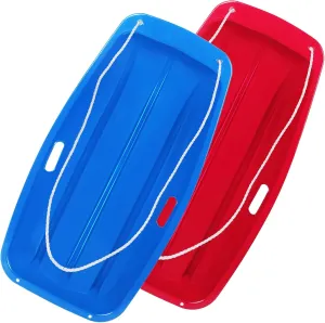 Plastic Snow Sled for Kids and Adults, 35 inch Heavy Duty Snow Sled with Pull Rope and Handles, Durable Winter Downhill Sprinter for Outdoor Sledding (2 Pack)