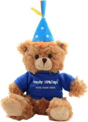 Plushland Plush Teddy Bear 6 Inches - Mocha Color for Birthday, Personalized Text, Name on T-Shirt, Party Favors Gift for Kids, Boys, Girls (Blue Birthday Hat)