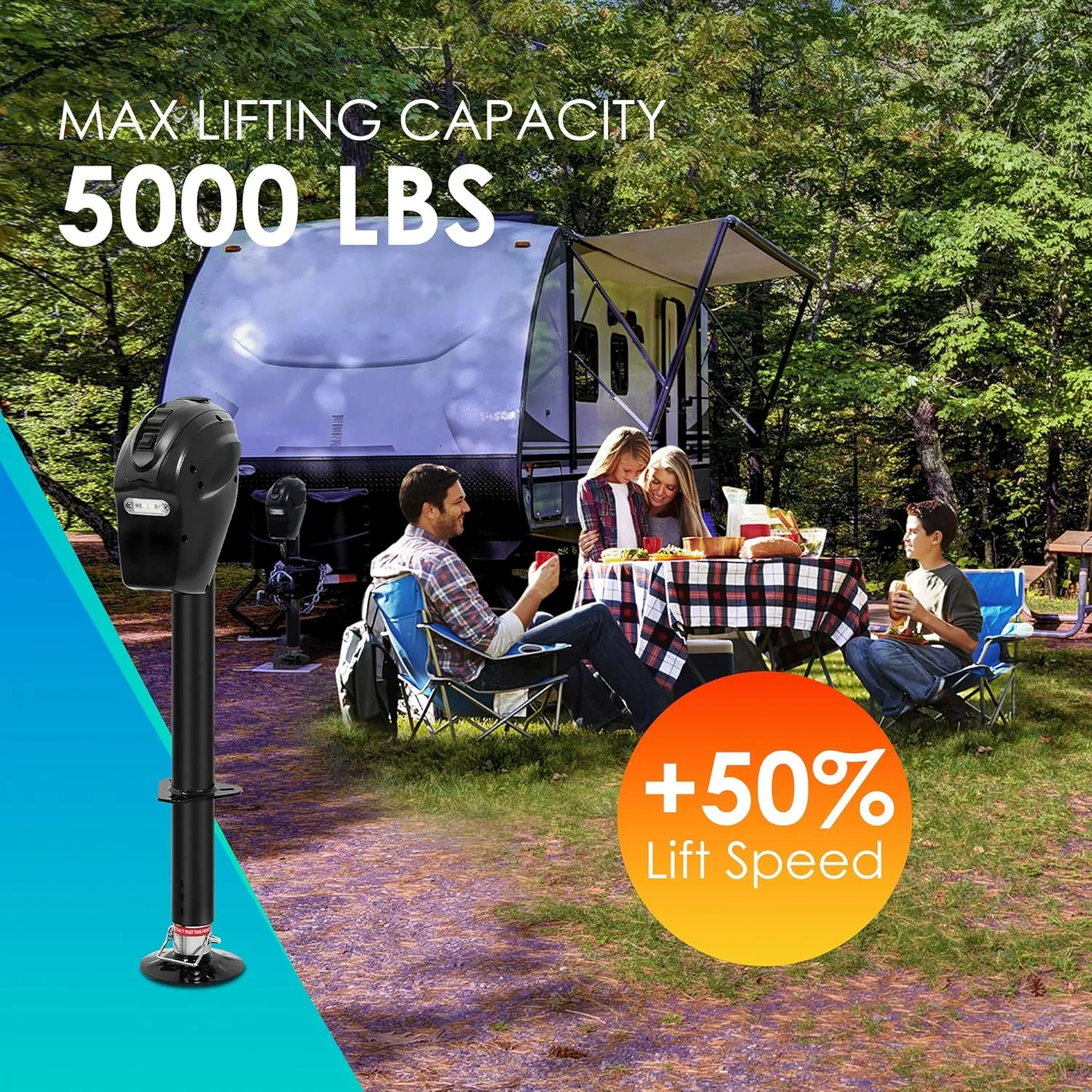 POLESTAR Electric Trailer Jack, 5000lbs Electric Power A-Frame Tongue Jack with Waterproof Protective Cover & LED Light for Travel Trailer Camper, RV, 12V DC with Hard Wiring, 9"-27" Lift