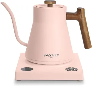 POLIVIAR Electric Gooseneck Kettle, 1200W Electric Tea Kettle Real Wood Handle, 34oz Pour Over Electric Kettle for Coffee & Tea, 18/8 Stainless Steel Inner, Temperature Control & Rapid Heating