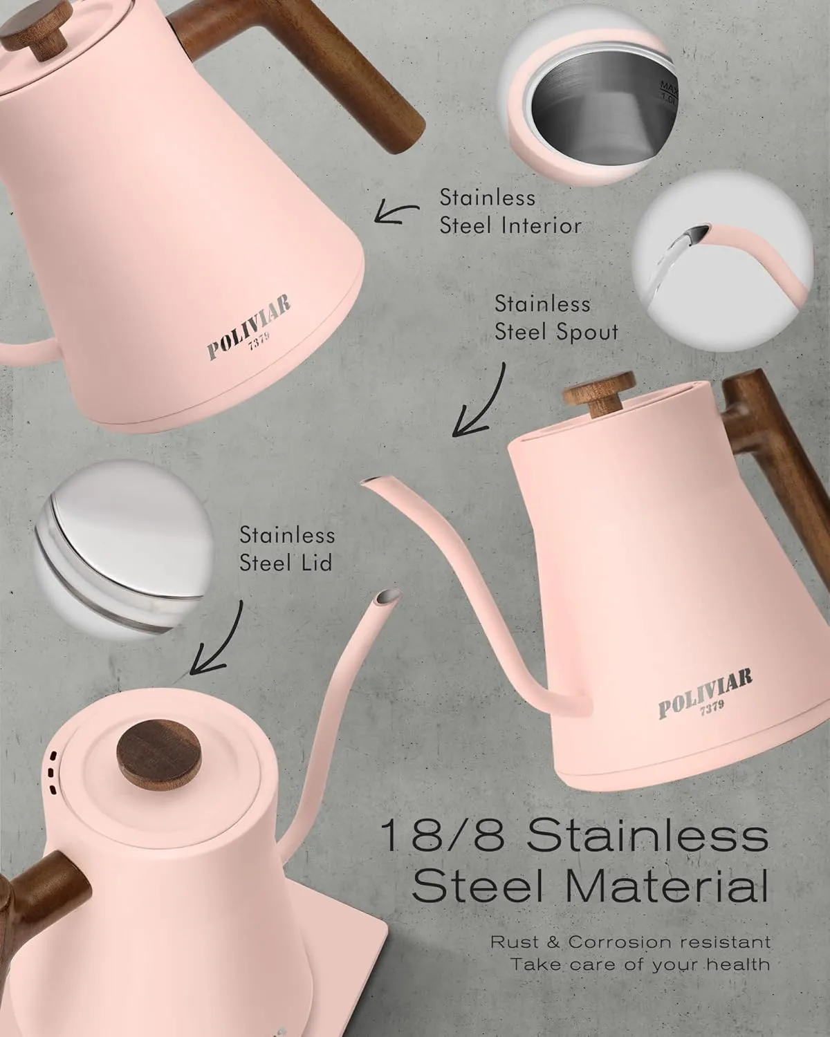 POLIVIAR Electric Gooseneck Kettle, 1200W Electric Tea Kettle Real Wood Handle, 34oz Pour Over Electric Kettle for Coffee & Tea, 18/8 Stainless Steel Inner, Temperature Control & Rapid Heating