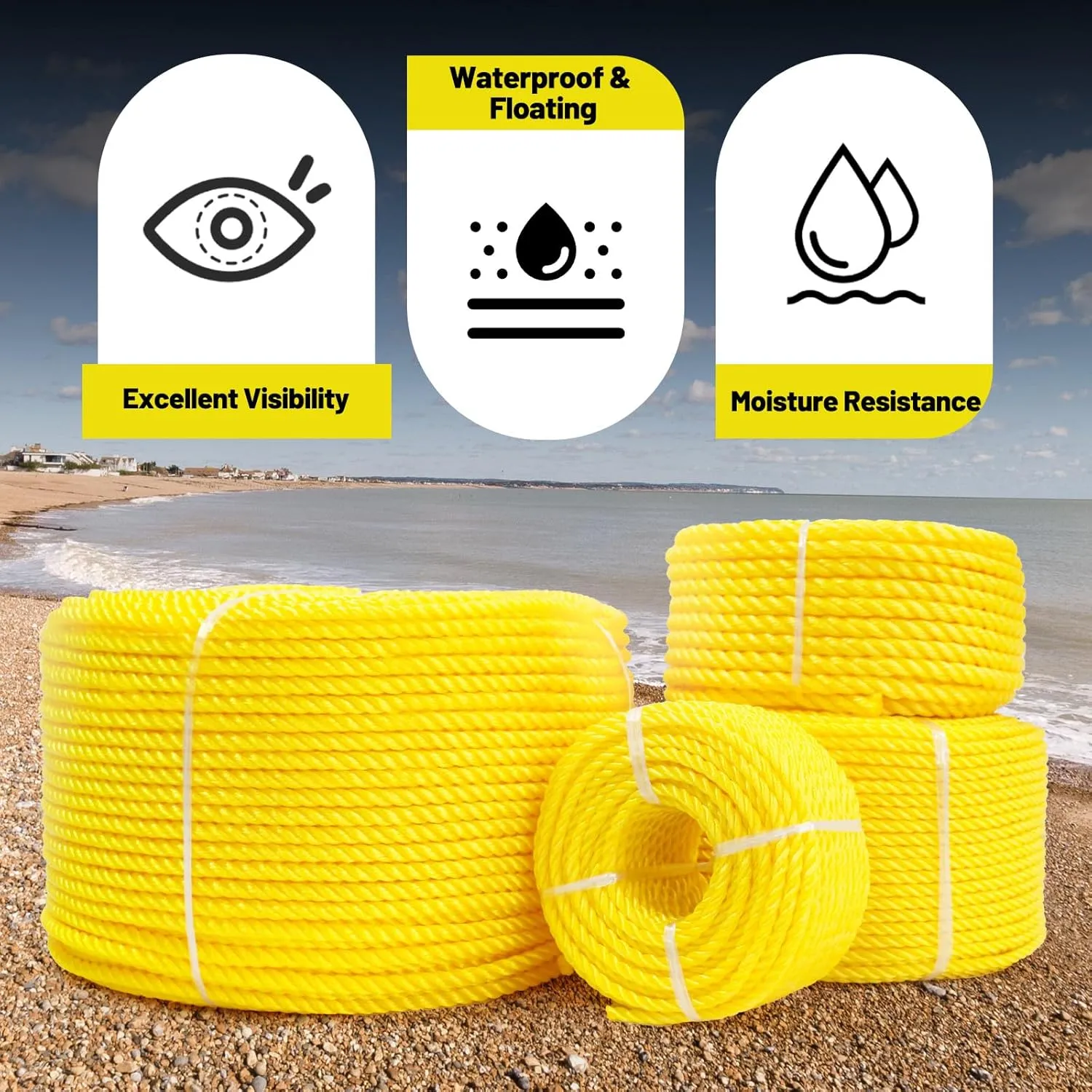 Polypropylene Rope 3/8 inch 500ft, All Purpose Yellow Rope, Floating Line, Camping, Flag Pole, Indoor & Outdoor, High Visibility, Lightweight