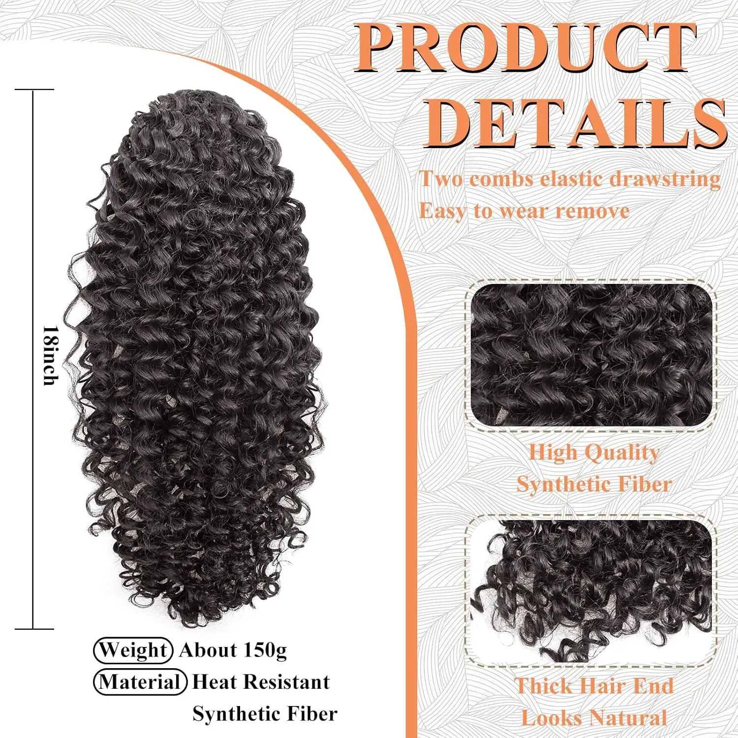 Ponytail Extension,Curly Drawstring Ponytail Extension for Black Women Natural Black Curly Clip in Hair Extensions 18 Inch Synthetic Hairpiece for Daily Party