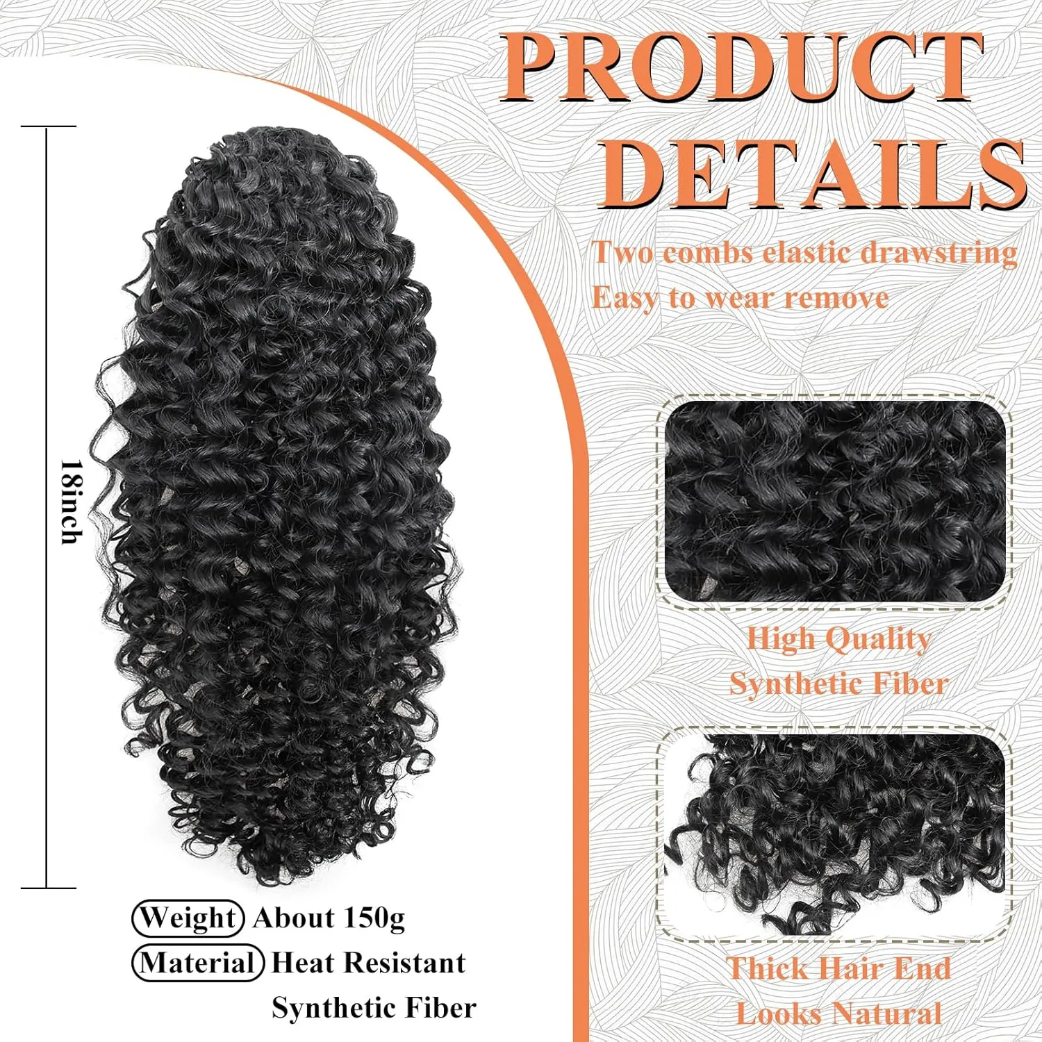 Ponytail Extension,Curly Drawstring Ponytail Extension for Black Women Natural Black Curly Clip in Hair Extensions 18 Inch Synthetic Hairpiece for Daily Party