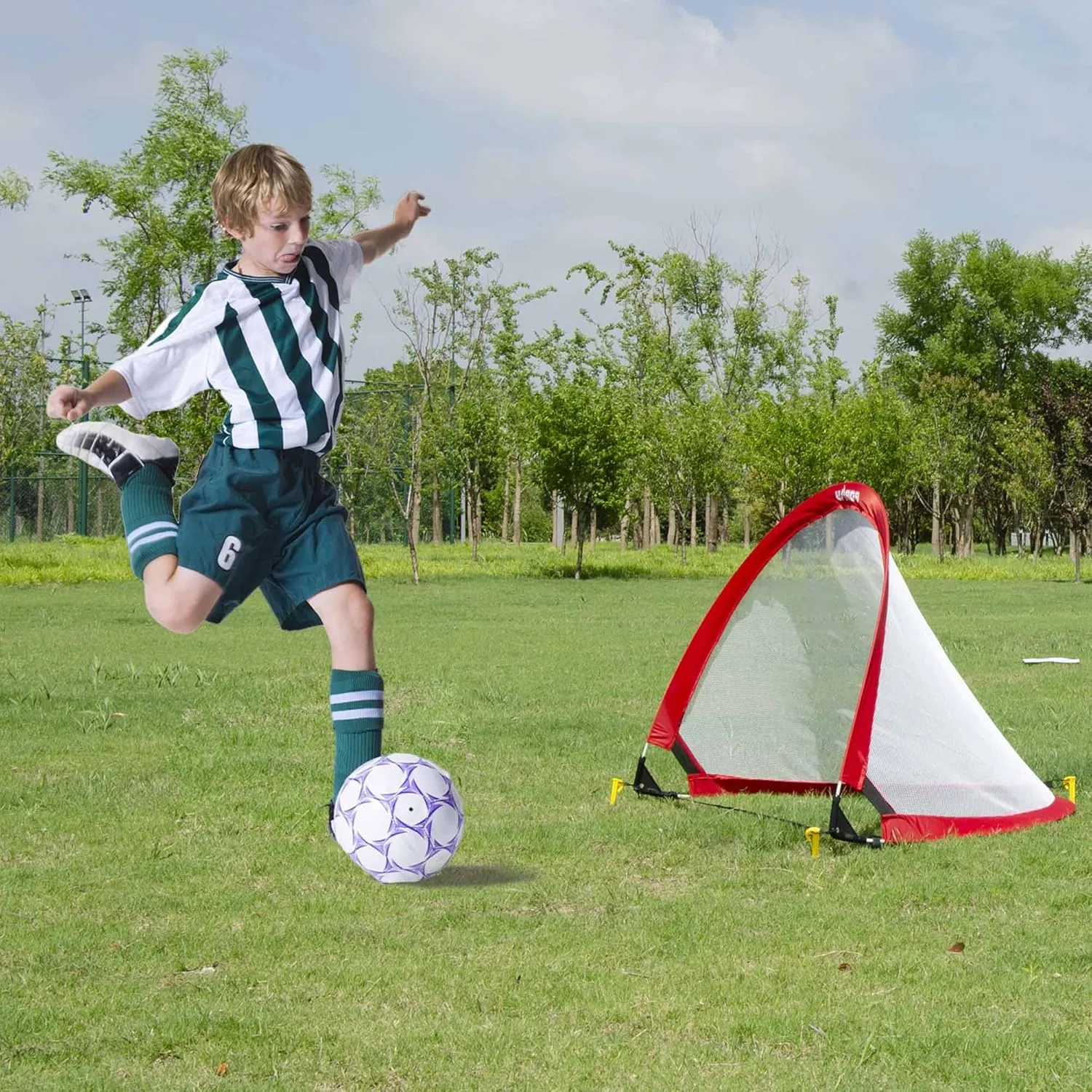 Poray Soccer Goal for Kid Easy-up Set of Two Portable Soccer Net 210D Oxford with 8 Field Marker Cones Extra Stakes Fun for Backyard and Soccer Training