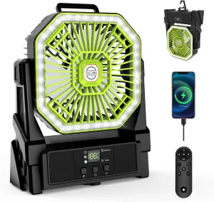 Portable Battery Powered Fan with 4 Lights, 20000mAh Battery Operated Fans with Remote, Outdoor Camping Fan Rechargeable, 4 Speed, 4 Timer for Picnic, Barbecue, Fishing, Home