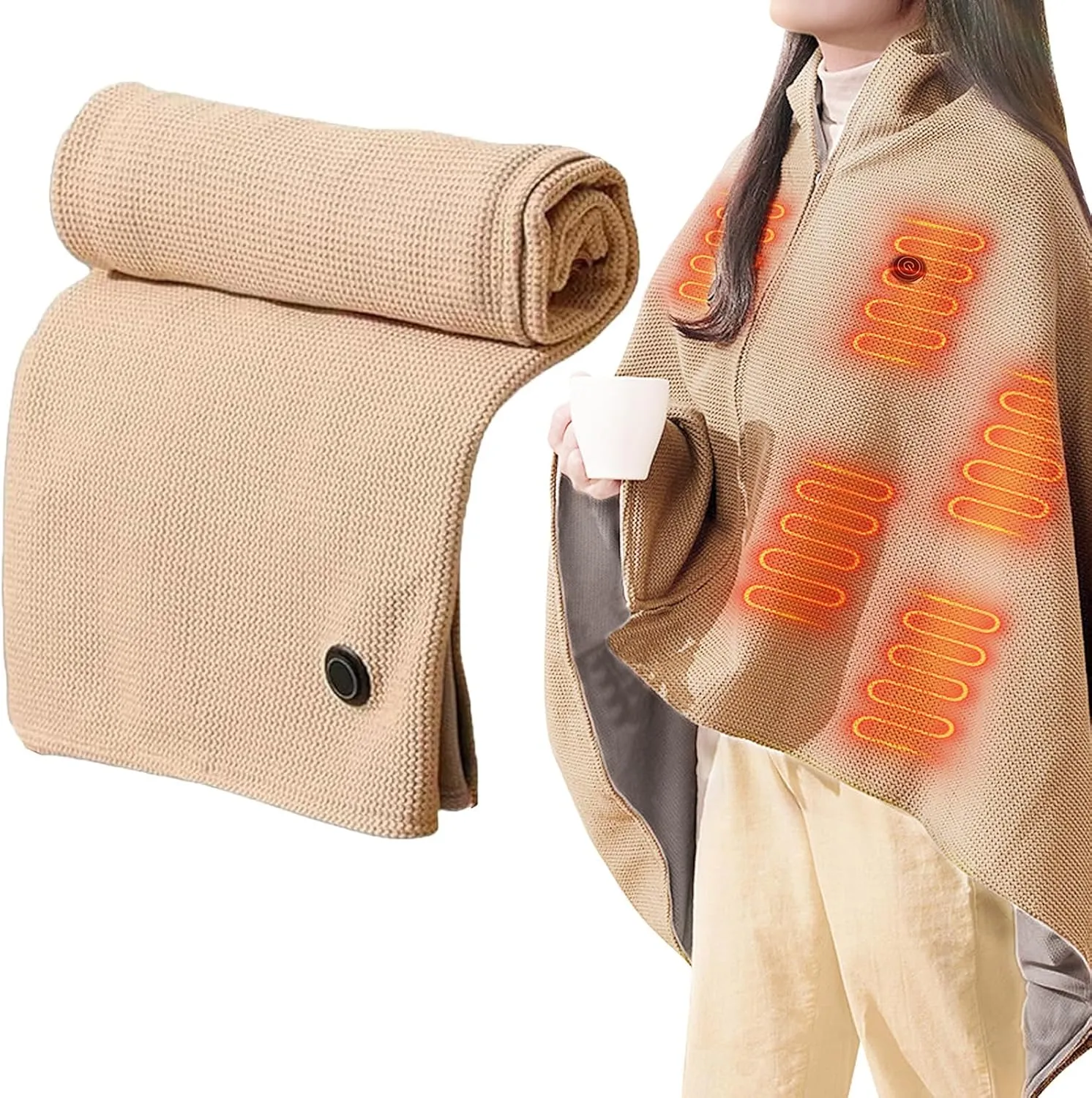 Portable Heated Shawl with Zippper Portable Heated Shawl Wraps for Women Cordless 60"x 27.5" Electric Heated Blanket Shawl 3 Heating Levels Heated Shawl Cordless for Home (Battery not Included)