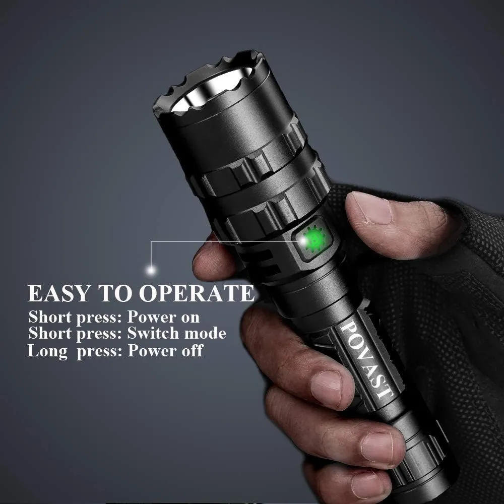 POVAST PVL2 Zoomable Green Light Rechargeable Led Flashlight, 1200 lumens Outdoor Bright Torch Light with Battery for Hunting