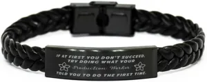 Production Worker Braided Leather Bracelet, If at first you don't succeed, try doing what your athletic trainer told you to do the first time., Laser Engraved, Stainless Steel Wristband
