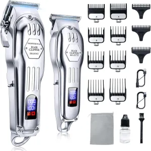 Professional Cordless Hair Clippers for Men, Trimmers Set and Barber Clippers for Haircut, Beard Trimmer Kit with LCD Display, Grooming Set, Rechargeable Hair Cutting Machine for Family