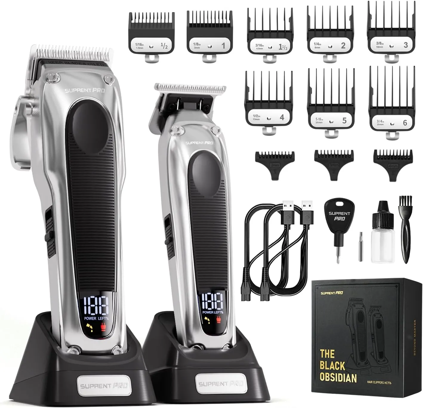 Professional Hair Clippers for Men - High Torque Brushless Motor & Detachable Blade - Cordless Hair Trimmer Set for Barbers with Charging Base - Premium Hair Clipper Kit - Silver