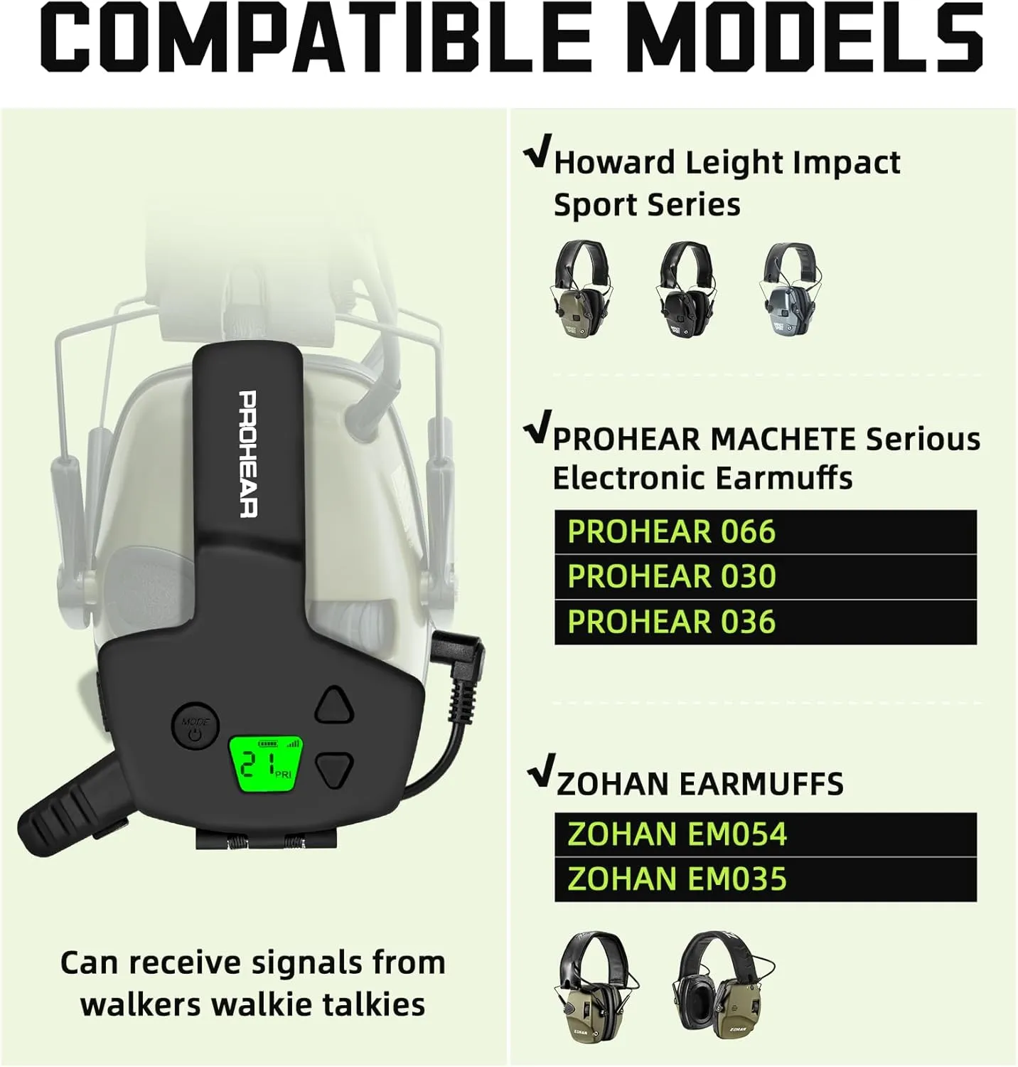 PROHEAR RH08 Walkie Talkie for Howard Leight Impact Sport Electronic Earmuffs, with Rechargeable Battery, Great Signal for Shooting Range Outdoors - 2 Pack