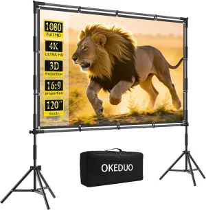 Projector Screen with Stand, OKEDUO 120 inch Foldable Indoor Outdoor Projection Screen, 16:9 4K HD Rear Front Wrinkle-Free with Carry Bag for Backyard Backyard Cinema