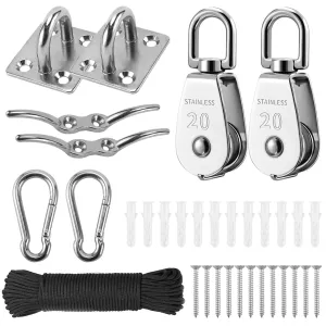 Pulley System Kit with 2 Single Sheave Blocks, Stainless Steel 20 mm Rope Pulleys, Heavy Duty Mounting Plates, Carabiners and 50ft Rope, Flag Pole Lifting System