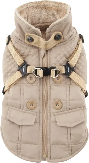 Puppia Wilkes Winter Dog Coat with Integrated Harness No Pull Cold Weather Waterproof Warm Fleece Back Zipper for Small & Medium Dog, Beige, Medium