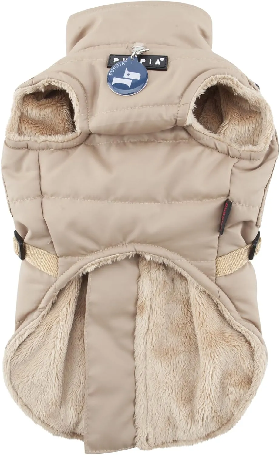 Puppia Wilkes Winter Dog Coat with Integrated Harness No Pull Cold Weather Waterproof Warm Fleece Back Zipper for Small & Medium Dog, Beige, Medium