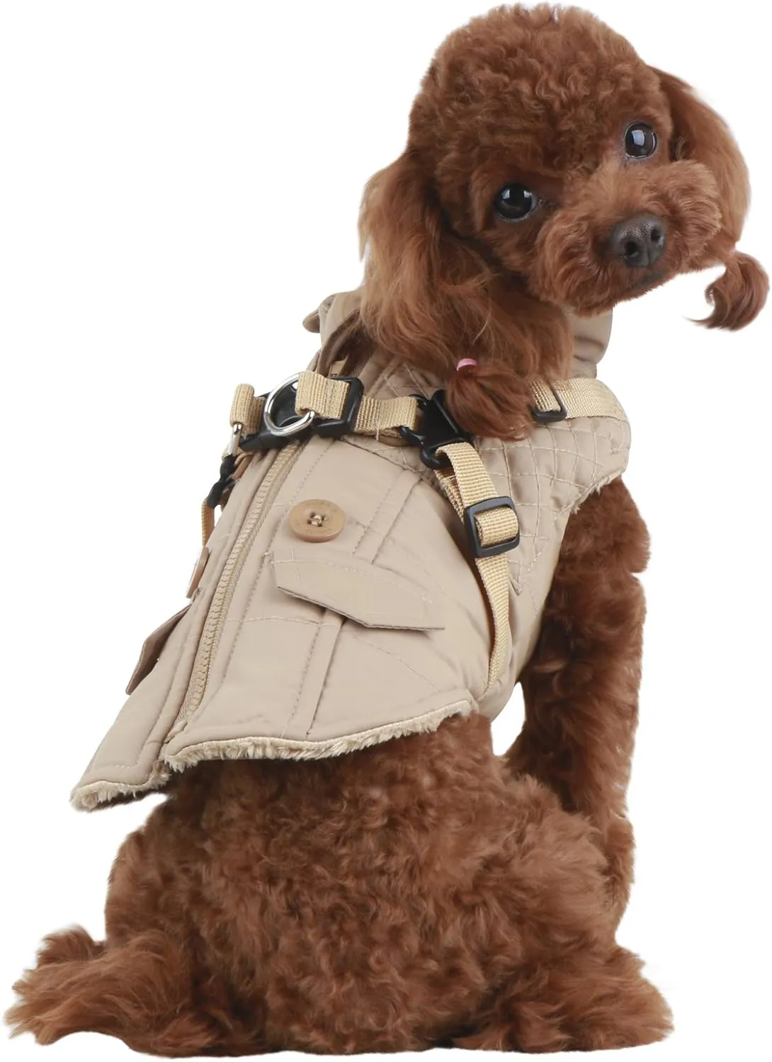 Puppia Wilkes Winter Dog Coat with Integrated Harness No Pull Cold Weather Waterproof Warm Fleece Back Zipper for Small & Medium Dog, Beige, Medium