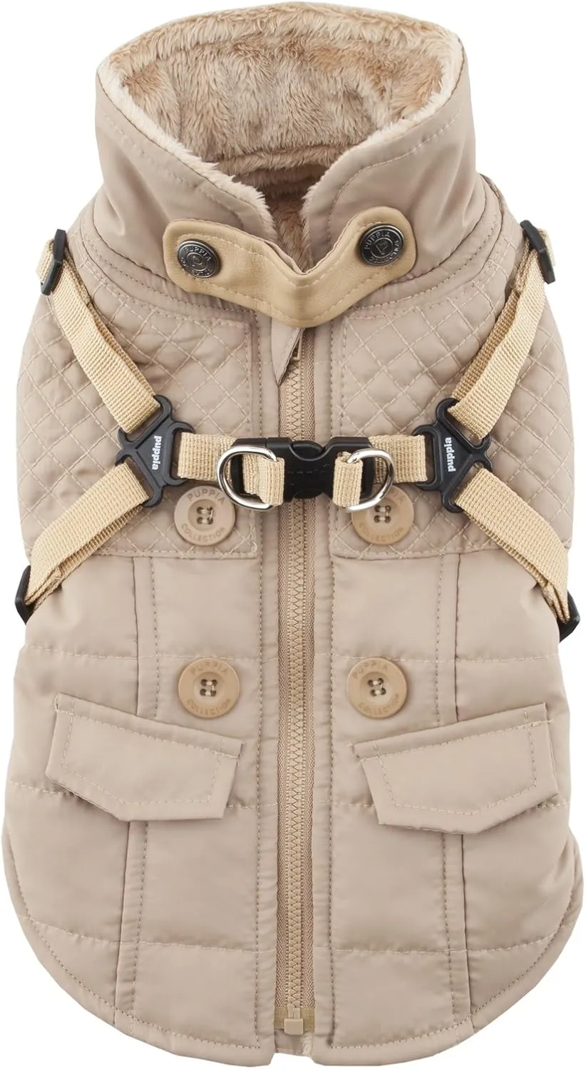 Puppia Wilkes Winter Dog Coat with Integrated Harness No Pull Cold Weather Waterproof Warm Fleece Back Zipper for Small & Medium Dog, Beige, Medium