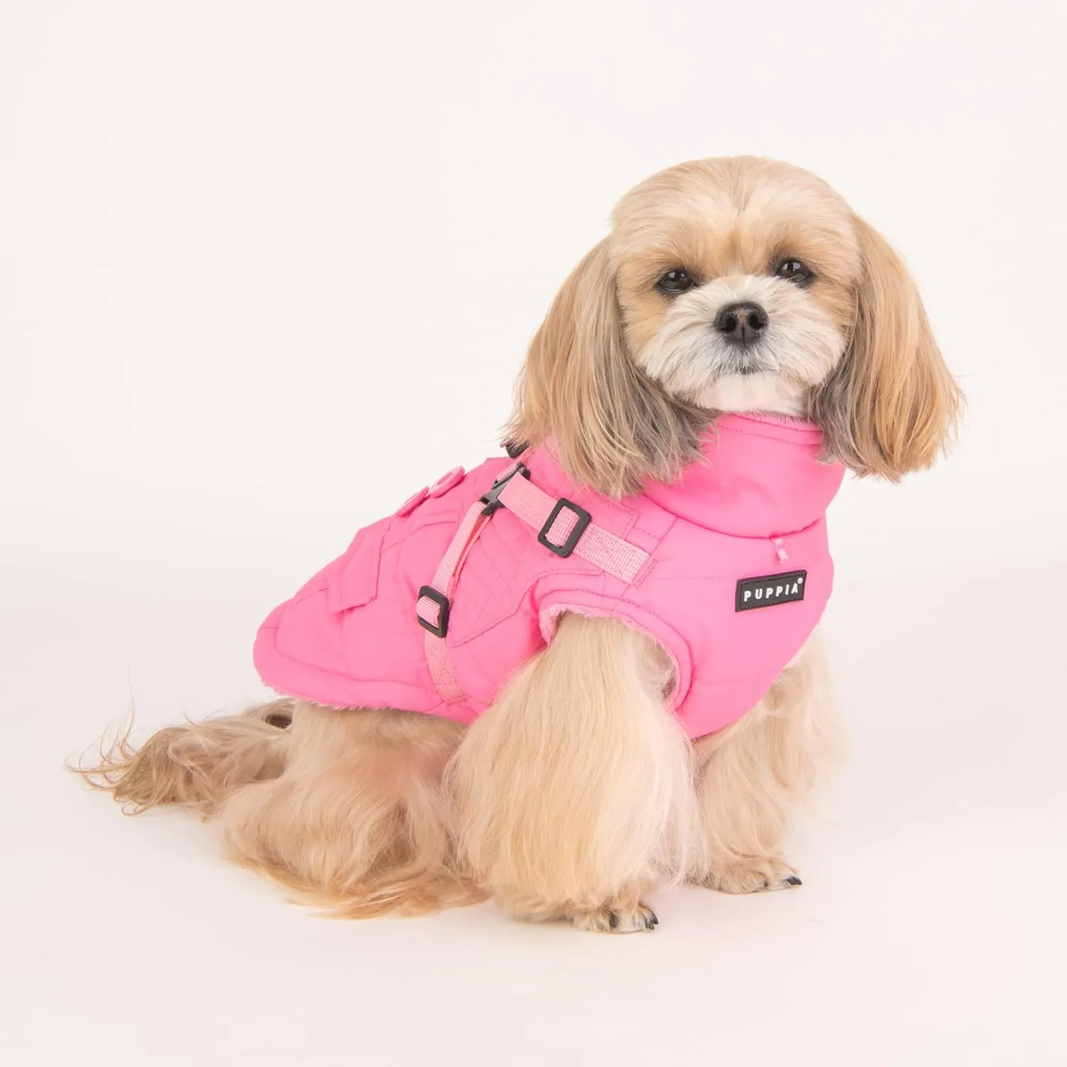 Puppia Wilkes Winter Dog Coat with Integrated Harness No Pull Cold Weather Waterproof Warm Fleece Back Zipper for Small & Medium Dog, Pink, Medium