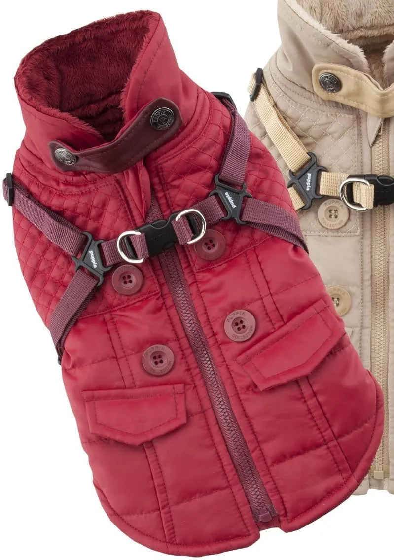 Puppia Wilkes Winter Dog Coat with Integrated Harness No Pull Cold Weather Waterproof Warm Fleece Back Zipper for Small & Medium Dog, Wine, Medium
