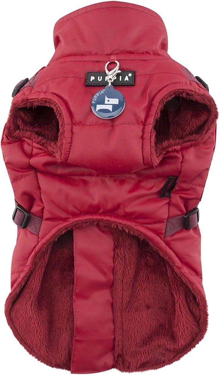 Puppia Wilkes Winter Dog Coat with Integrated Harness No Pull Cold Weather Waterproof Warm Fleece Back Zipper for Small & Medium Dog, Wine, Medium