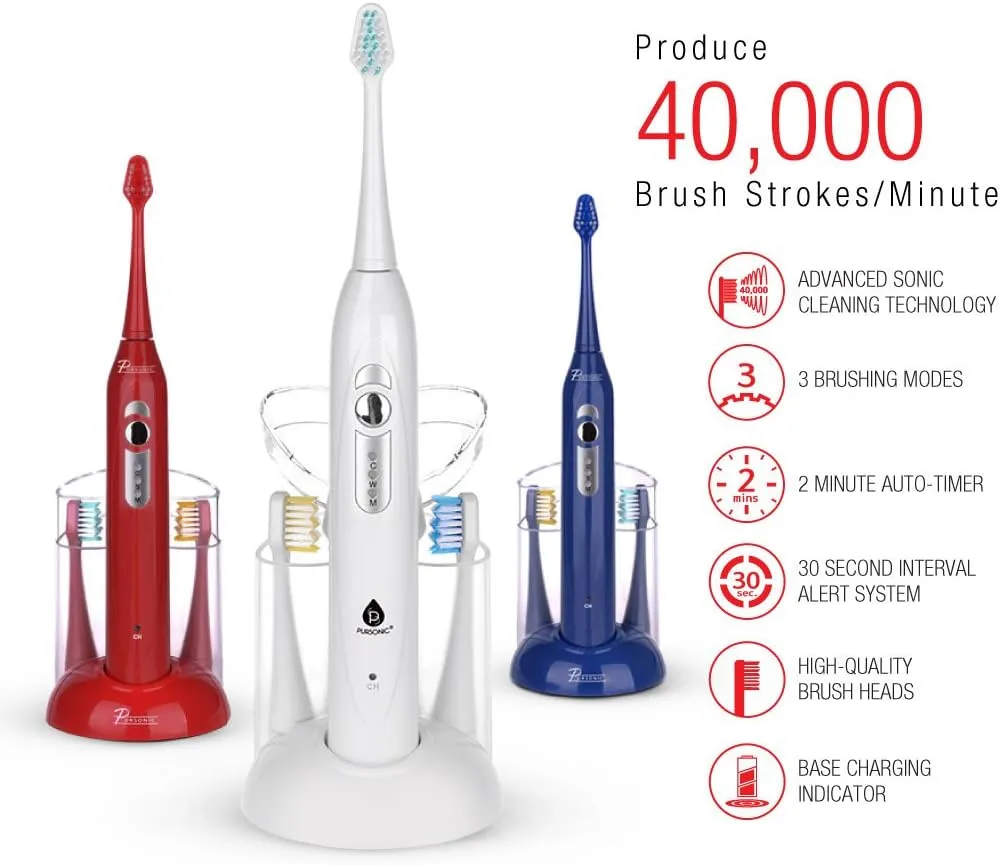 Pursonic S430 SmartSeries Electronic Power Rechargeable Sonic Toothbrush With 40,000 Strokes Per Minute, 12 Brush Heads Included, White