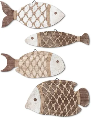 Putuo Decor Rope & Net Textured Wood Fish Wall Art Set of 4 Nautical Fish Decor for Beach House, Patio, Coastal Hanging Wall Decor Living Room