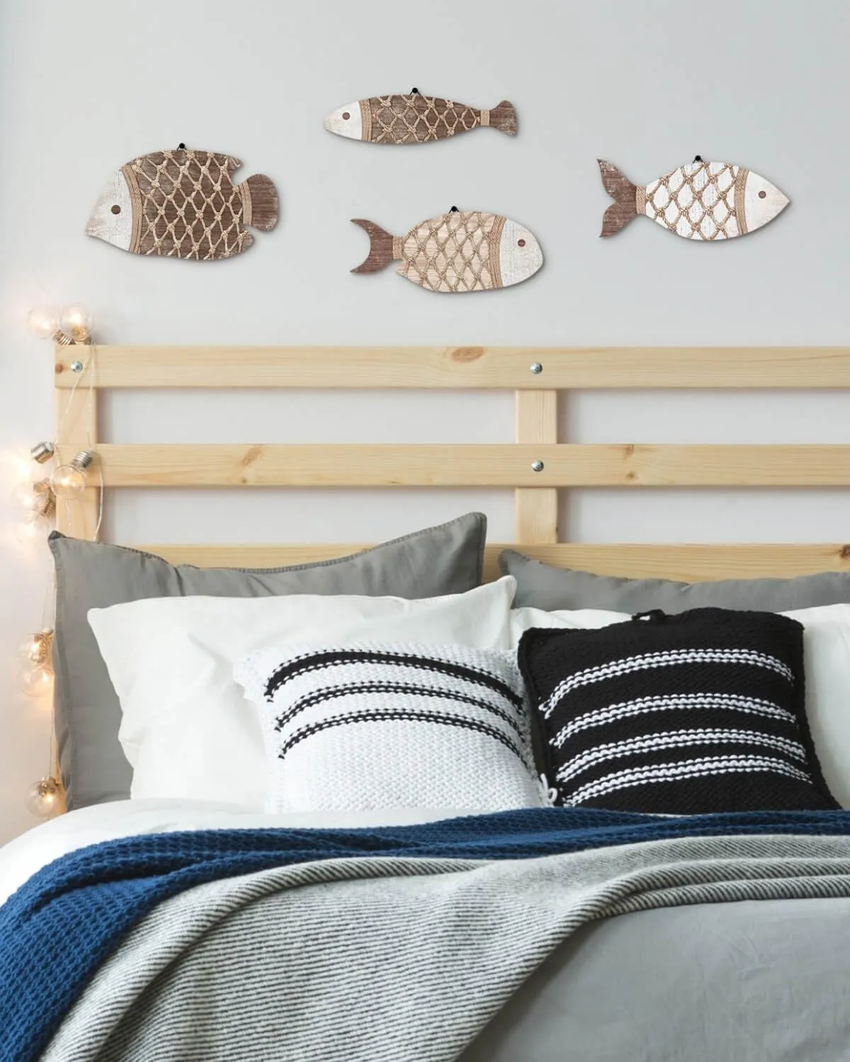 Putuo Decor Rope & Net Textured Wood Fish Wall Art Set of 4 Nautical Fish Decor for Beach House, Patio, Coastal Hanging Wall Decor Living Room