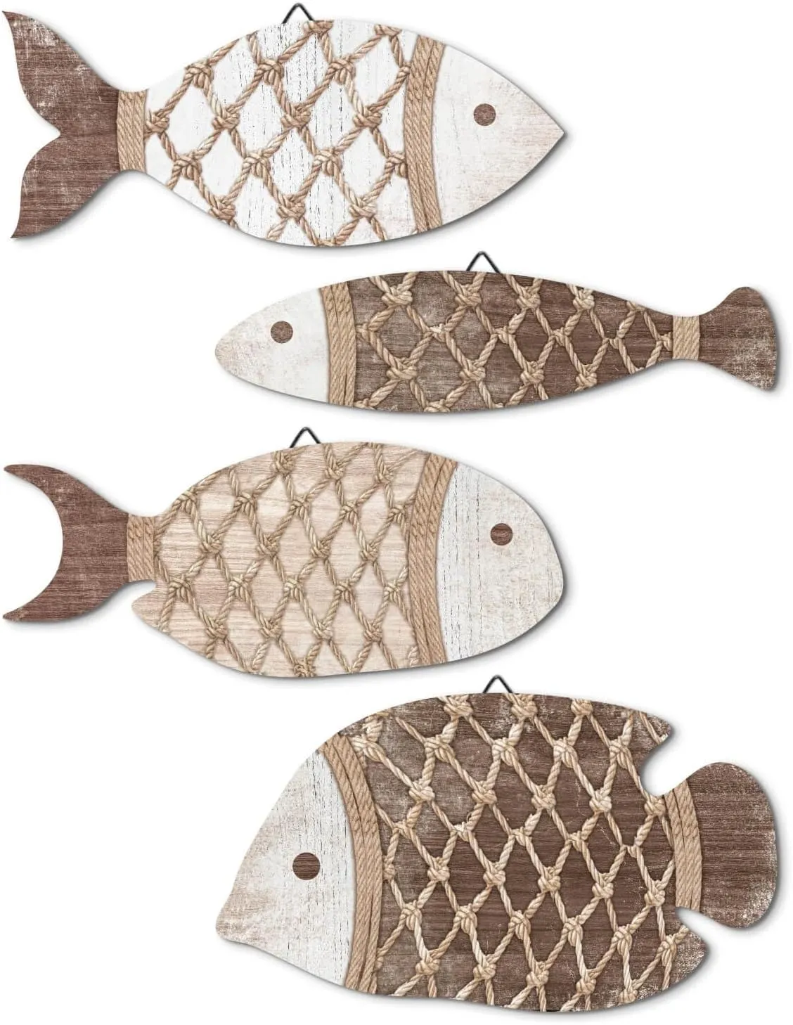 Putuo Decor Rope & Net Textured Wood Fish Wall Art Set of 4 Nautical Fish Decor for Beach House, Patio, Coastal Hanging Wall Decor Living Room