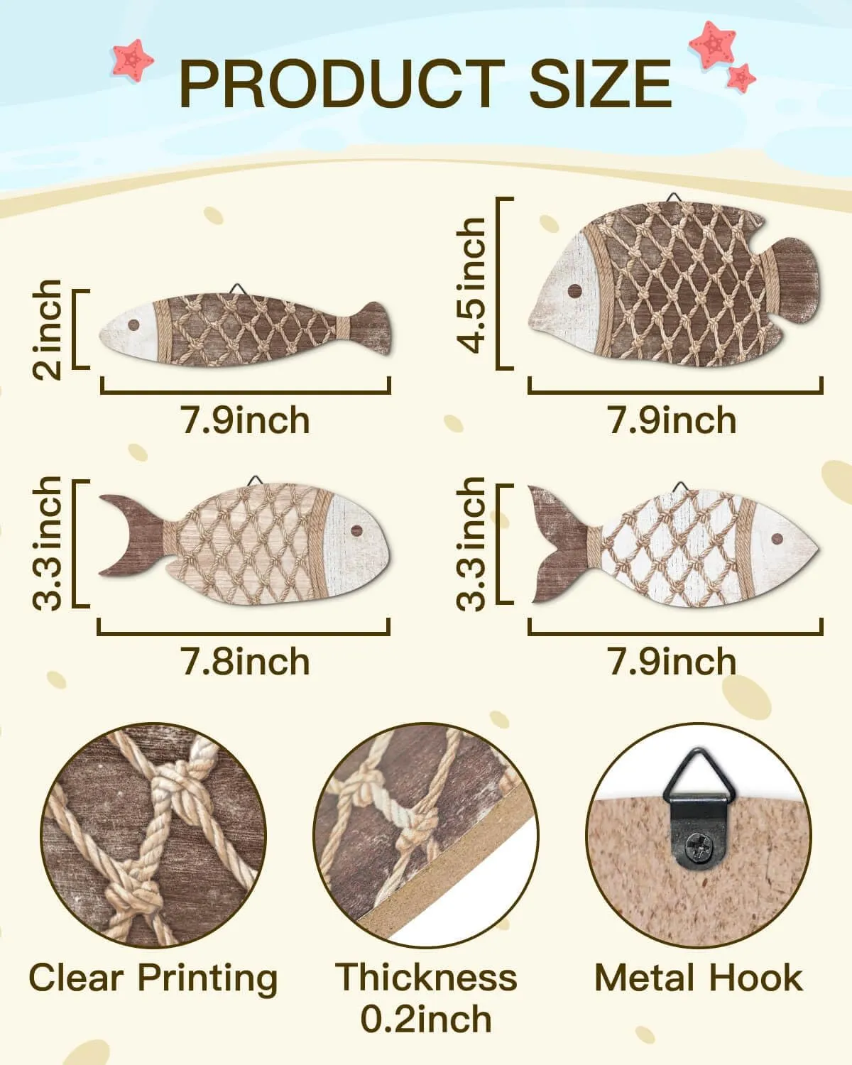 Putuo Decor Rope & Net Textured Wood Fish Wall Art Set of 4 Nautical Fish Decor for Beach House, Patio, Coastal Hanging Wall Decor Living Room
