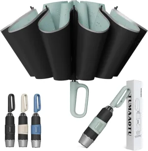 QWB TUMAAOTU Inverted Umbrella with Carabiner Handle, Wind Proof Umbrellas For Rain and Sun, 46 Inch Portable Reverse Folding UV Umbrella, Car Umbrella for Women Men, 10 Ribs