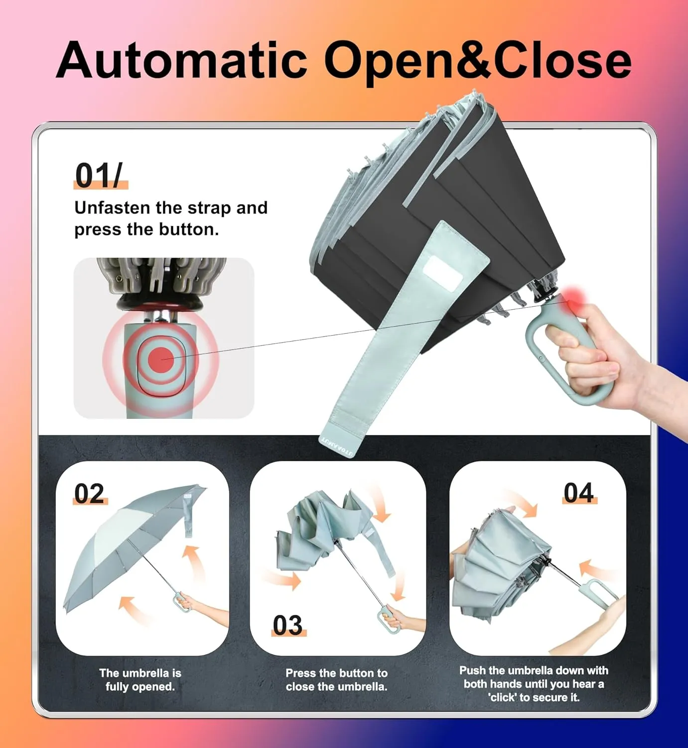 QWB TUMAAOTU Inverted Umbrella with Carabiner Handle, Wind Proof Umbrellas For Rain and Sun, 46 Inch Portable Reverse Folding UV Umbrella, Car Umbrella for Women Men, 10 Ribs