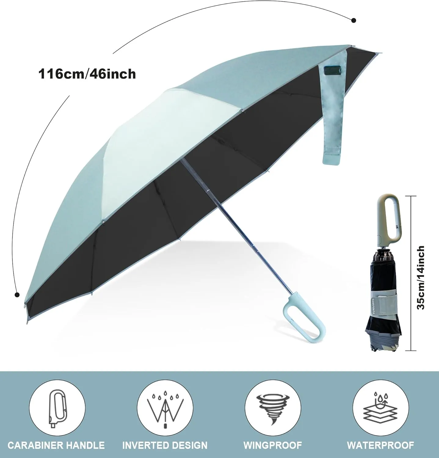 QWB TUMAAOTU Inverted Umbrella with Carabiner Handle, Wind Proof Umbrellas For Rain and Sun, 46 Inch Portable Reverse Folding UV Umbrella, Car Umbrella for Women Men, 10 Ribs