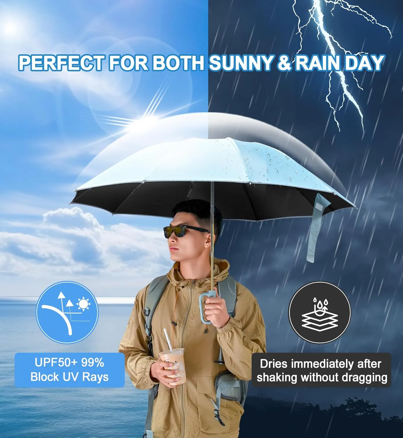 QWB TUMAAOTU Inverted Umbrella with Carabiner Handle, Wind Proof Umbrellas For Rain and Sun, 46 Inch Portable Reverse Folding UV Umbrella, Car Umbrella for Women Men, 10 Ribs
