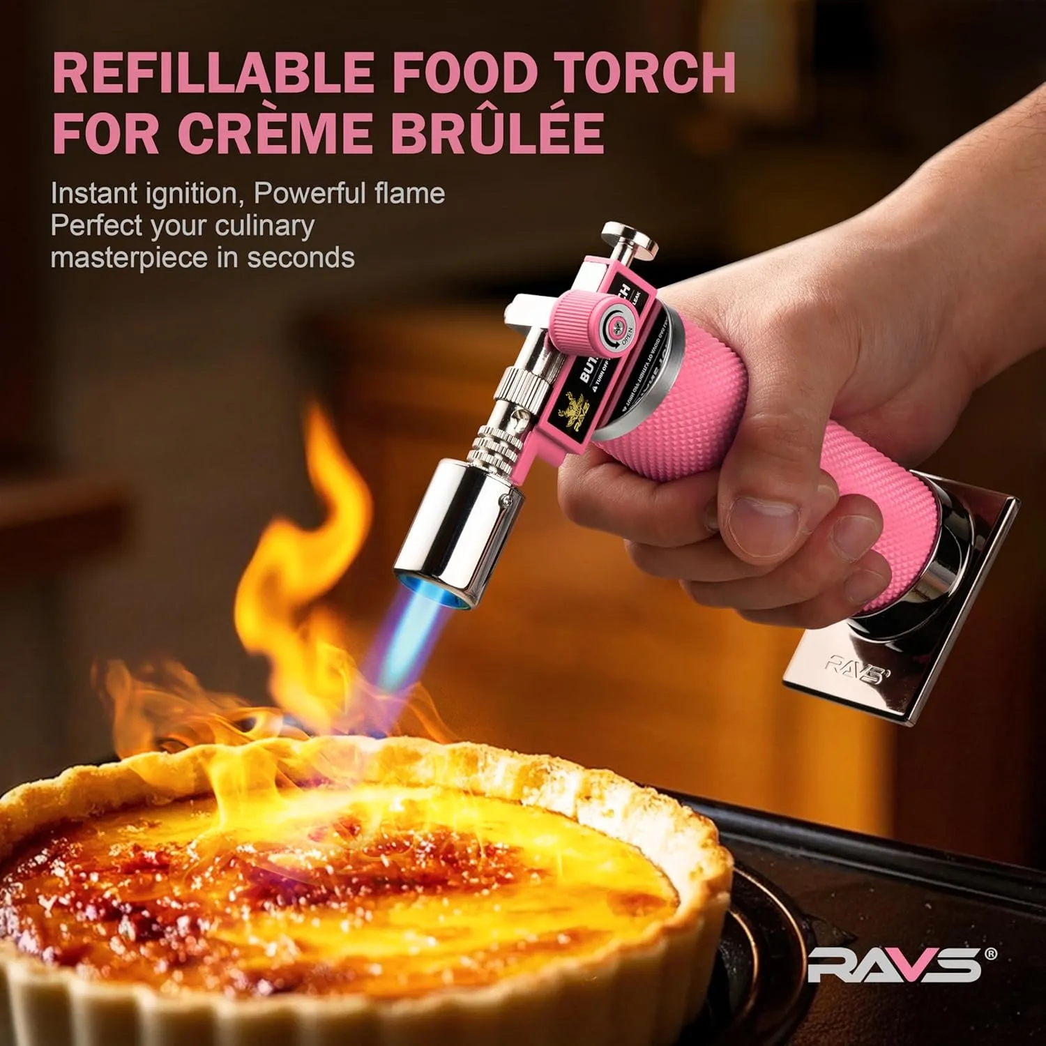 RAVS Butane Torch, Kitchen Torch Lighter for Creme Brulee with Adjustable Flame, Cooking Torch for Baking, BBQ, Desserts, Metal Mini Torch with Safety Buckle, Pink (Butane Not Included)