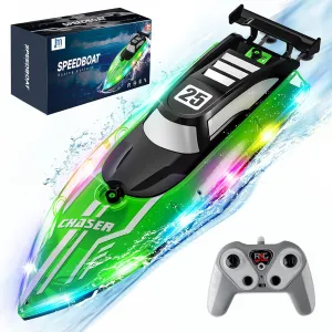 RC Boat with LED Lights for Kids, 2.4Ghz Remote Control Racing Boats for 8-12,Toy Water Boat for Pools & Lakes with Waterproof,Rechargeable Battery, for Boys Girls Green