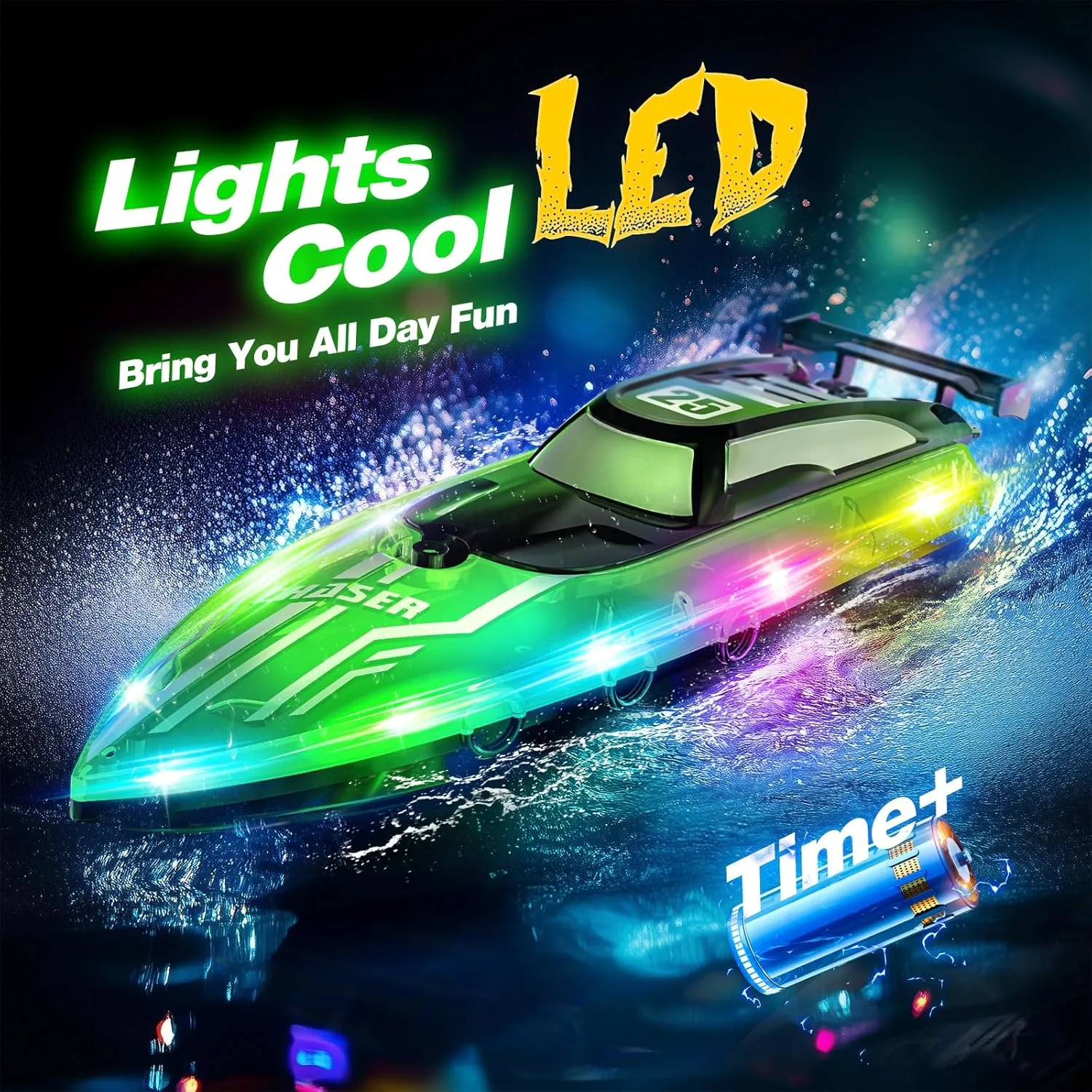 RC Boat with LED Lights for Kids, 2.4Ghz Remote Control Racing Boats for 8-12,Toy Water Boat for Pools & Lakes with Waterproof,Rechargeable Battery, for Boys Girls Green