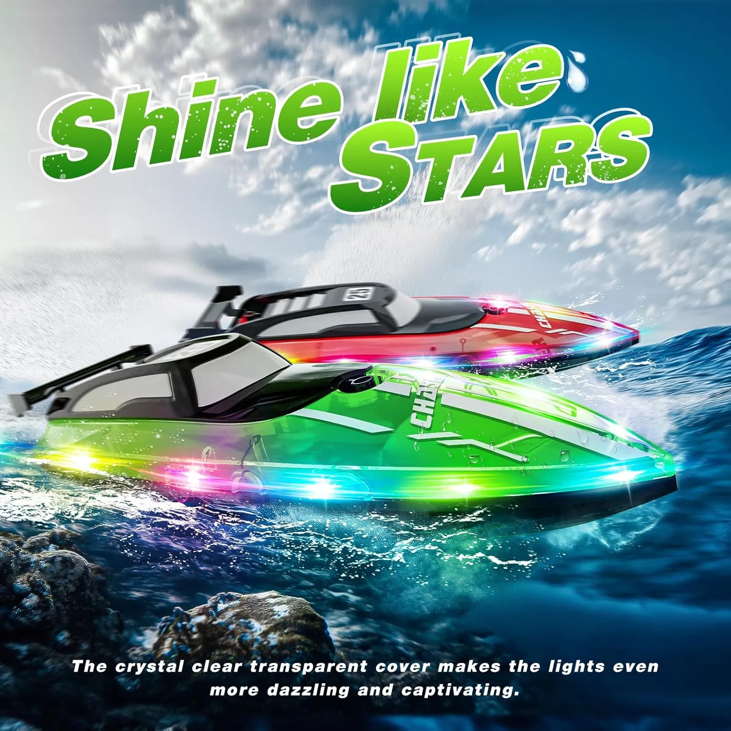 RC Boat with LED Lights for Kids, 2.4Ghz Remote Control Racing Boats for 8-12,Toy Water Boat for Pools & Lakes with Waterproof,Rechargeable Battery, for Boys Girls Green
