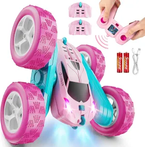 RC Cars, Pink Remote Control Car for Girls, 2.4 GHZ Double Sided RC Stunt Car 360° Rotating Remote Control Crawler with Headlights Car Toys for 6 7 8 9 10 11 12 Girls Birthday