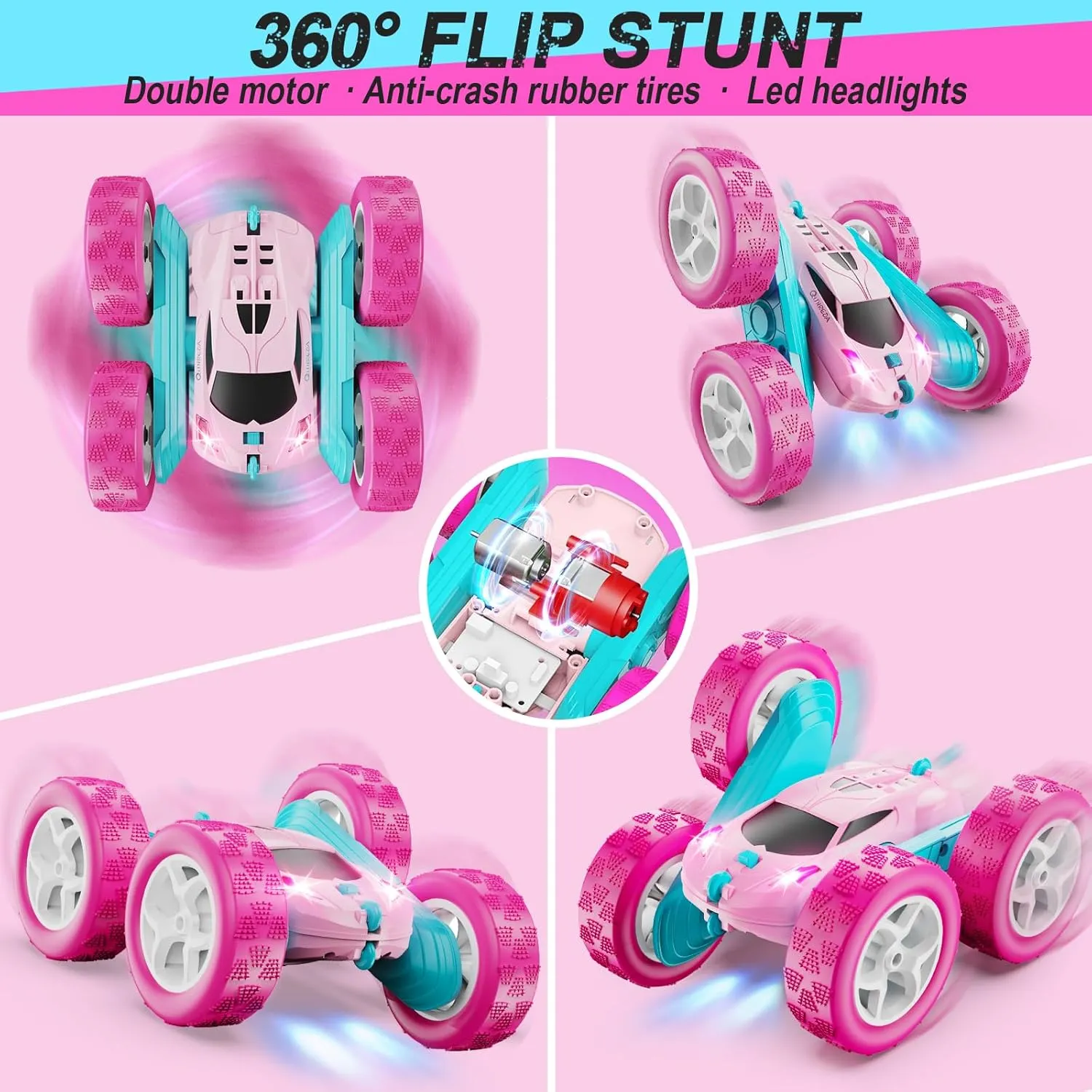 RC Cars, Pink Remote Control Car for Girls, 2.4 GHZ Double Sided RC Stunt Car 360° Rotating Remote Control Crawler with Headlights Car Toys for 6 7 8 9 10 11 12 Girls Birthday