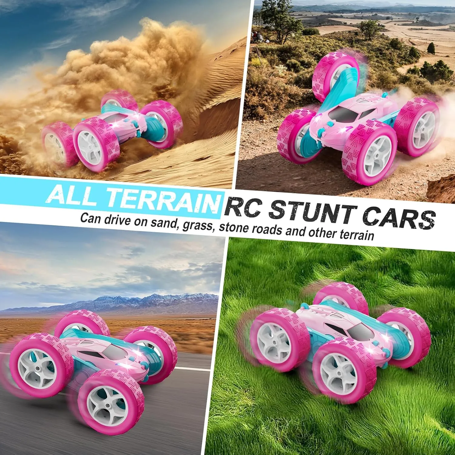 RC Cars, Pink Remote Control Car for Girls, 2.4 GHZ Double Sided RC Stunt Car 360° Rotating Remote Control Crawler with Headlights Car Toys for 6 7 8 9 10 11 12 Girls Birthday