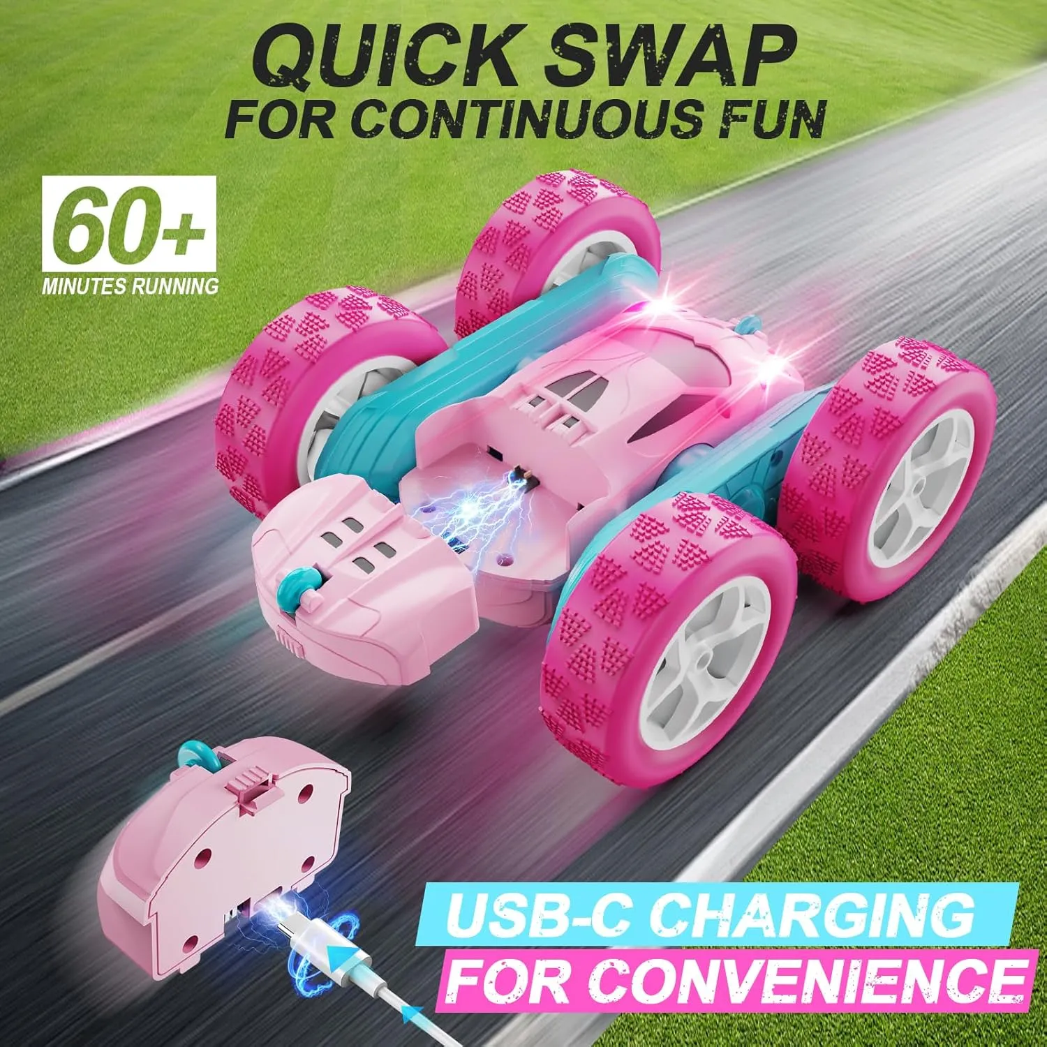 RC Cars, Pink Remote Control Car for Girls, 2.4 GHZ Double Sided RC Stunt Car 360° Rotating Remote Control Crawler with Headlights Car Toys for 6 7 8 9 10 11 12 Girls Birthday