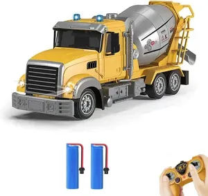 RC Cement Mixer Toy Truck for Boys - 6 Channel Remote Control Construction Toys with 2 Rechargeable Batteries, 1:24 Auto Demo 360 Degree Stirring Vehicles with Lights, for Kids