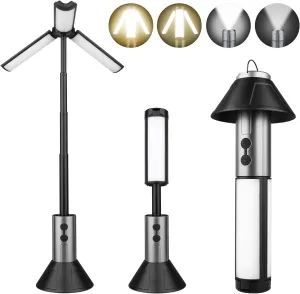 Rechargeable 3000mAh Camping Light with Stand 10w Max Power, Cordless Work Light with 3 LED Lamp Heads, Emergency Flashlight with Detachable Tripod, Black