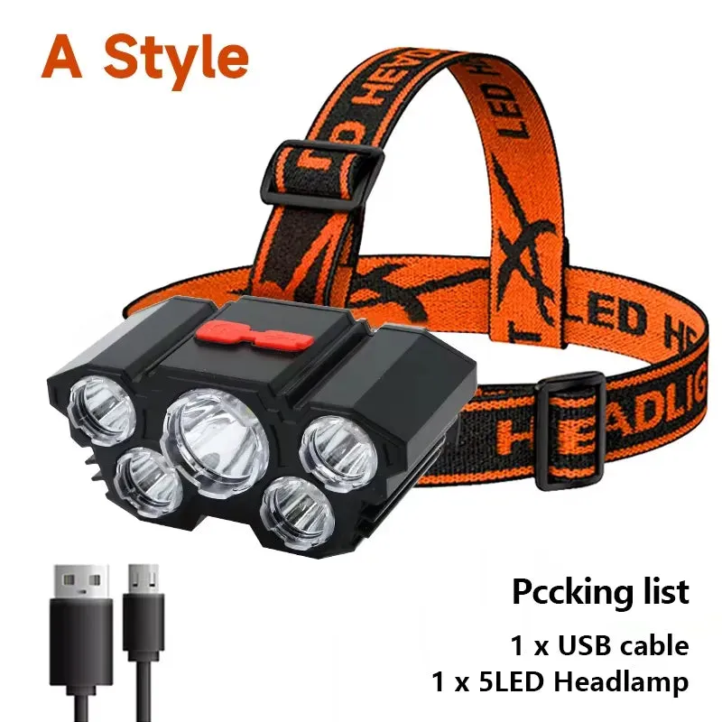 Rechargeable 5-LED Headlamp – USB Powered Torch with 4 Light Modes & Waterproof Design
