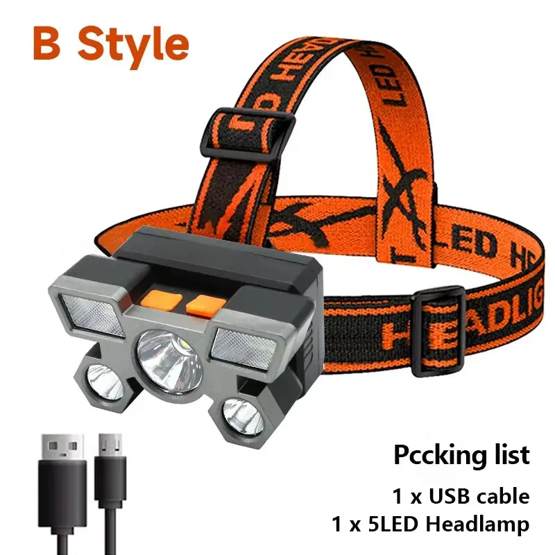 Rechargeable 5-LED Headlamp – USB Powered Torch with 4 Light Modes & Waterproof Design