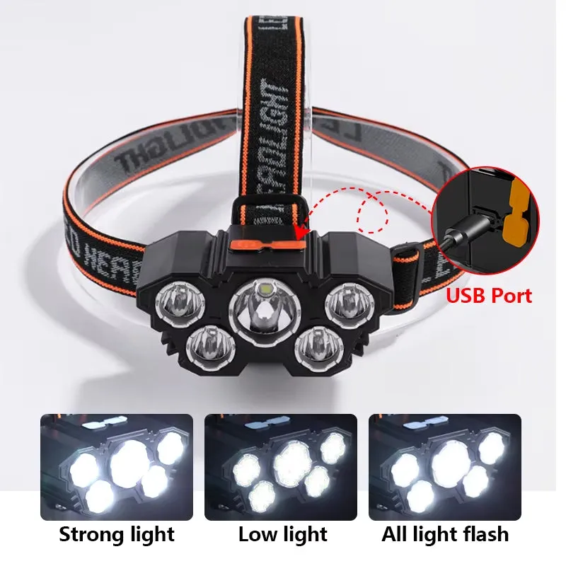 Rechargeable 5-LED Headlamp – USB Powered Torch with 4 Light Modes & Waterproof Design
