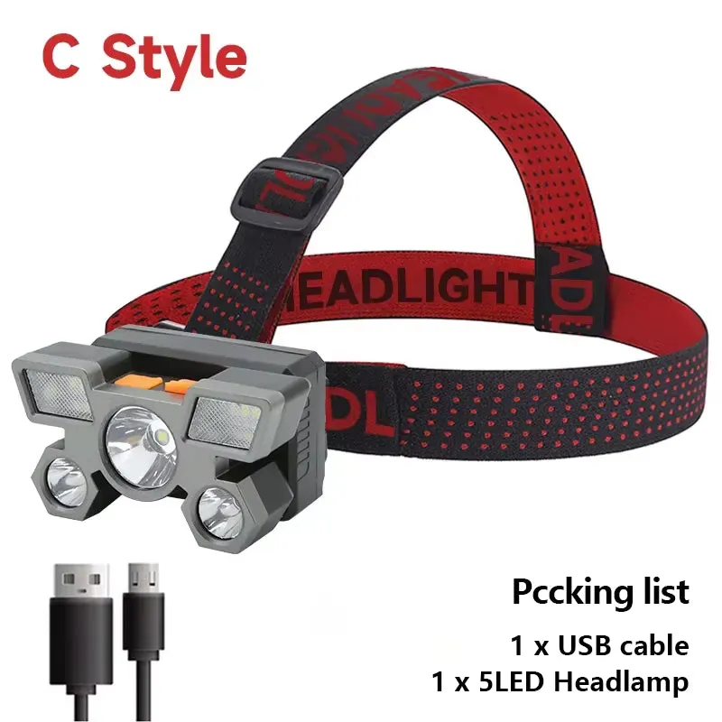Rechargeable 5-LED Headlamp – USB Powered Torch with 4 Light Modes & Waterproof Design